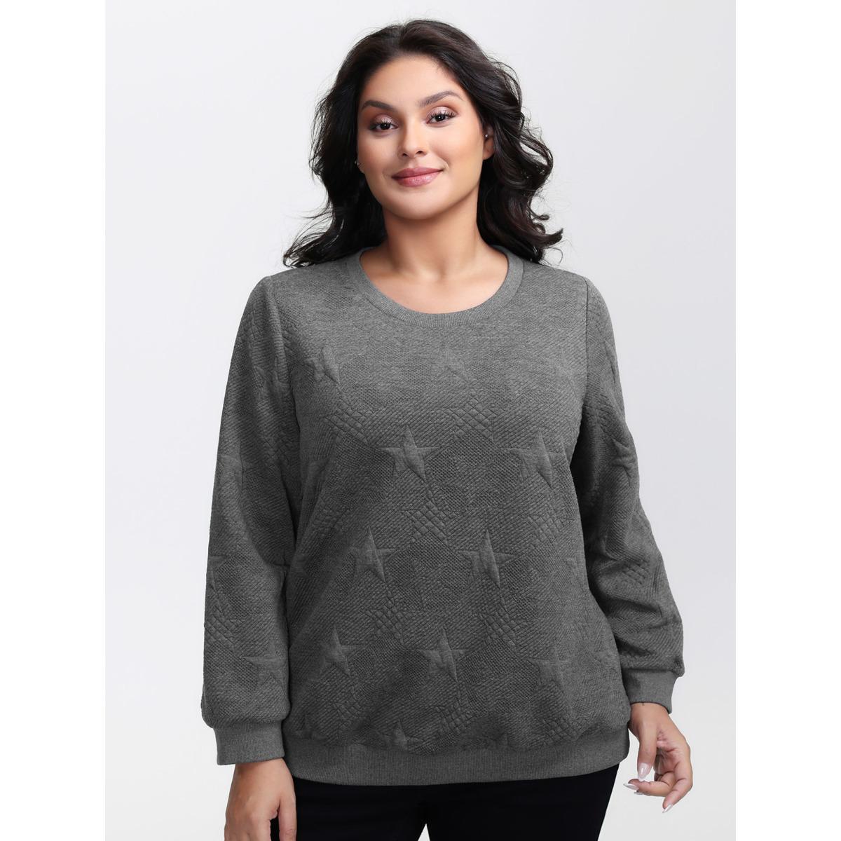 Plus Size Jacquard Star Print Knit Sweatshirt Women DimGray Leisure Round Neck Casual Sweatshirts BloomChic 14-16/1X Product Image