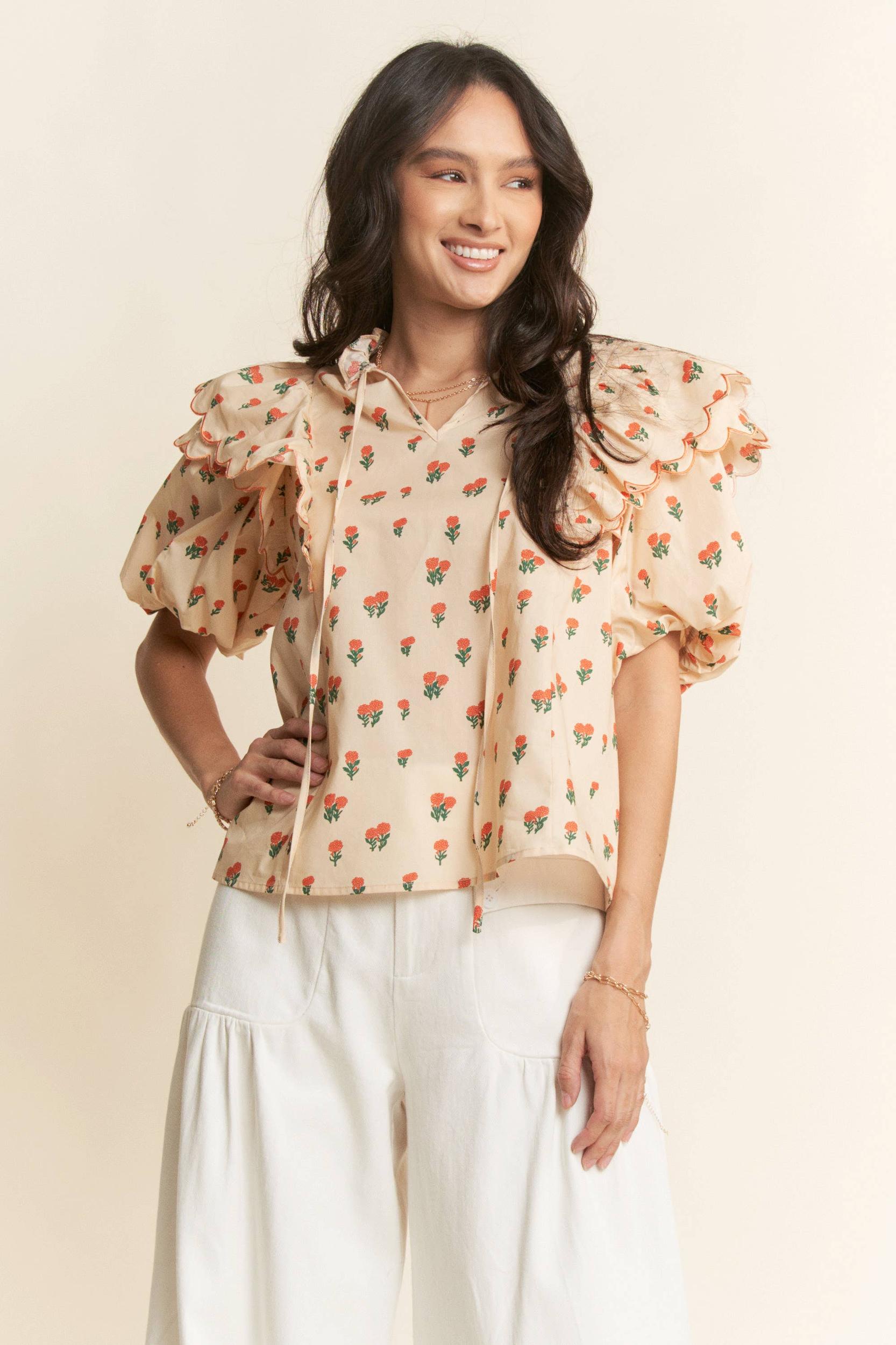 CONTRAST EDGE RUFFLE PUFF SLEEVE BLOUSE TOP: MOCHA BROWN Product Image
