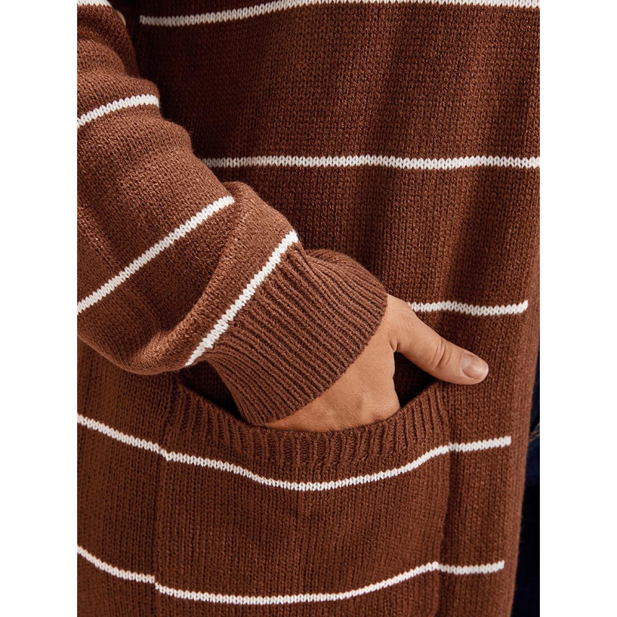 Plus Size Striped Pointelle Knit Button Side Pocket Open Front Cardigan Rust Women Casual Loose Long Sleeve Office Cardigans BloomChic 18-20/2X Product Image