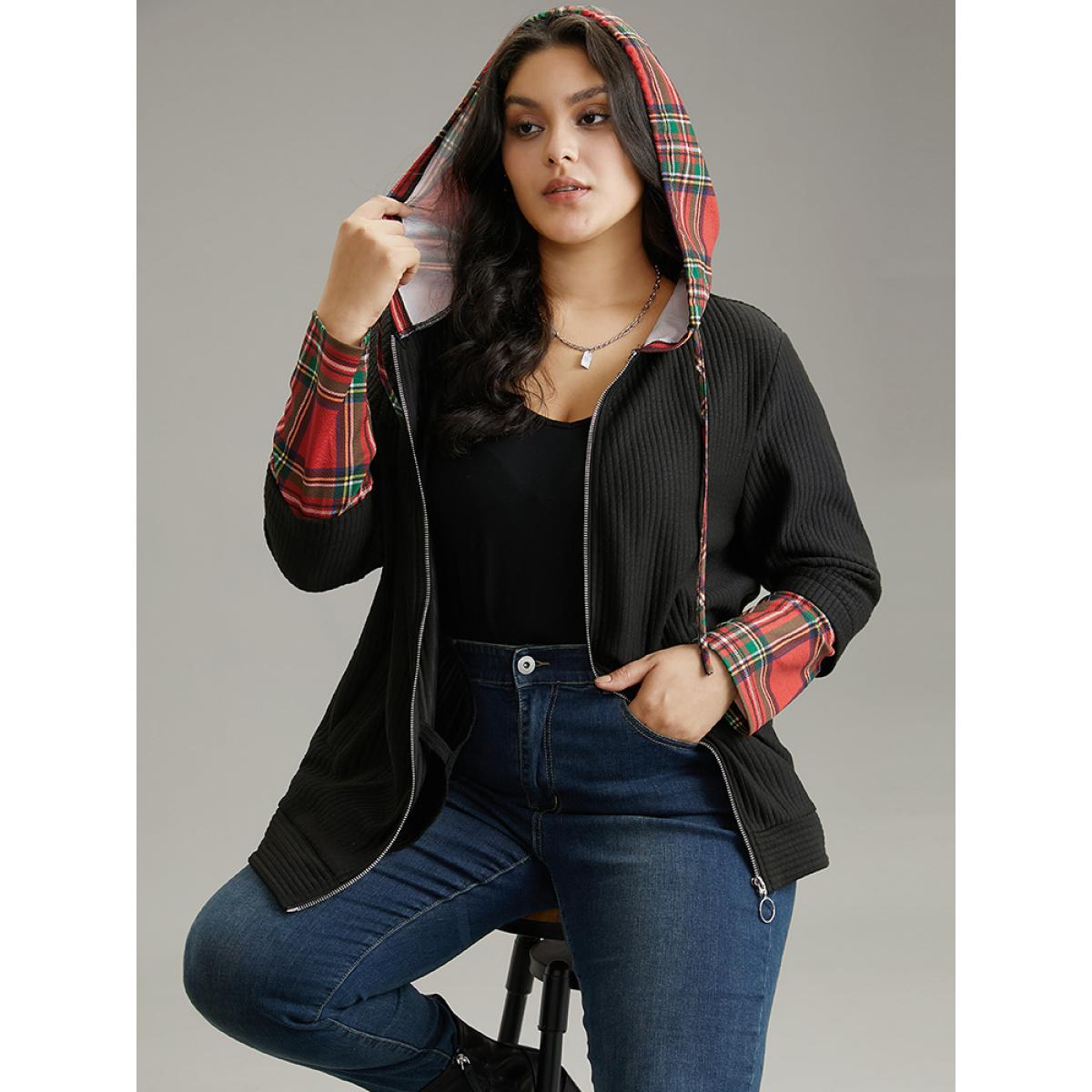 Plus Size Christmas Plaid Patchwork Hooded Zipper Sweatshirt Women Black Casual Contrast Hooded Dailywear Sweatshirts BloomChic 10/M Product Image