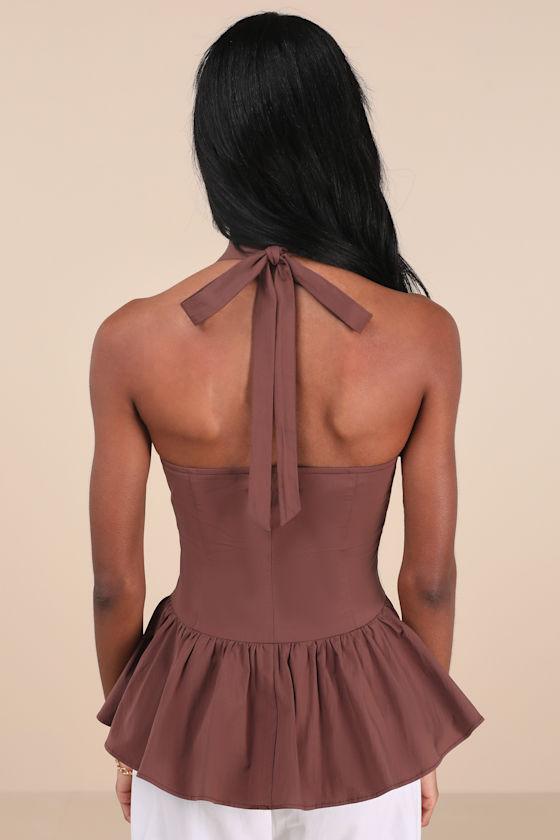 Casually Exquisite Brown Ruffled Halter Peplum Top Product Image