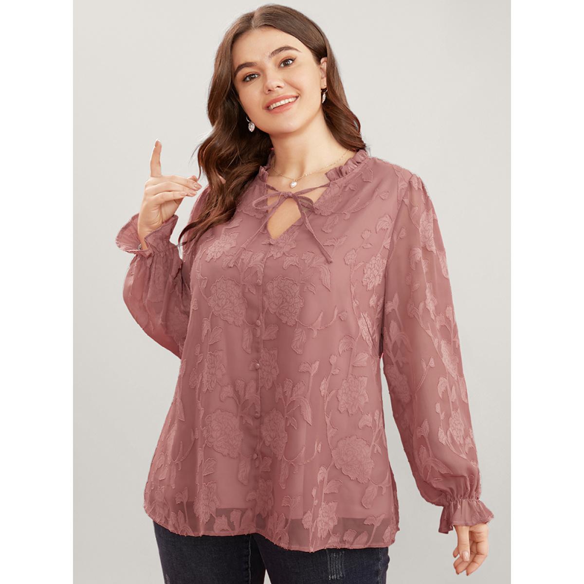 Plus Size DustyPink Floral Print Tie Neck Frill Trim Lantern Sleeve Blouse Women Glamour Long Sleeve V-neck Dailywear Blouses BloomChic 10/M Product Image