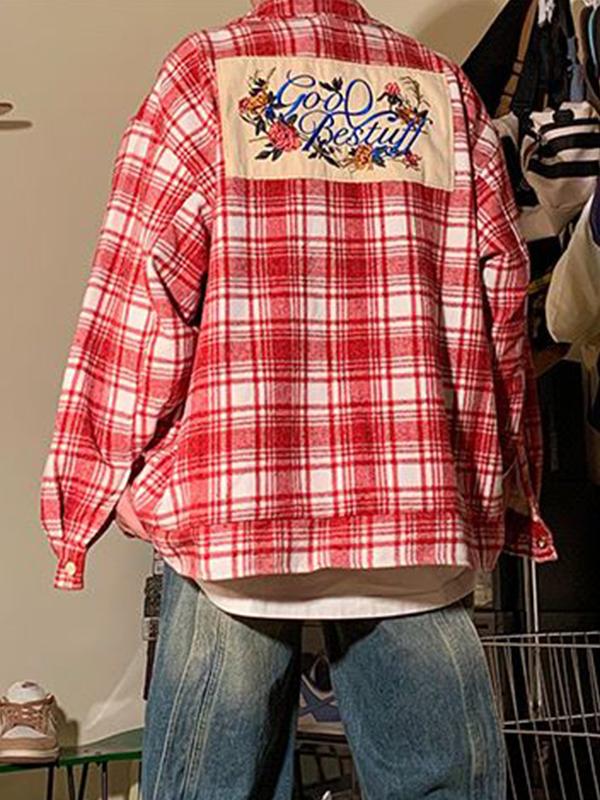 Men's Vintage Plaid Print Embroidery Long Sleeve Blouse Product Image