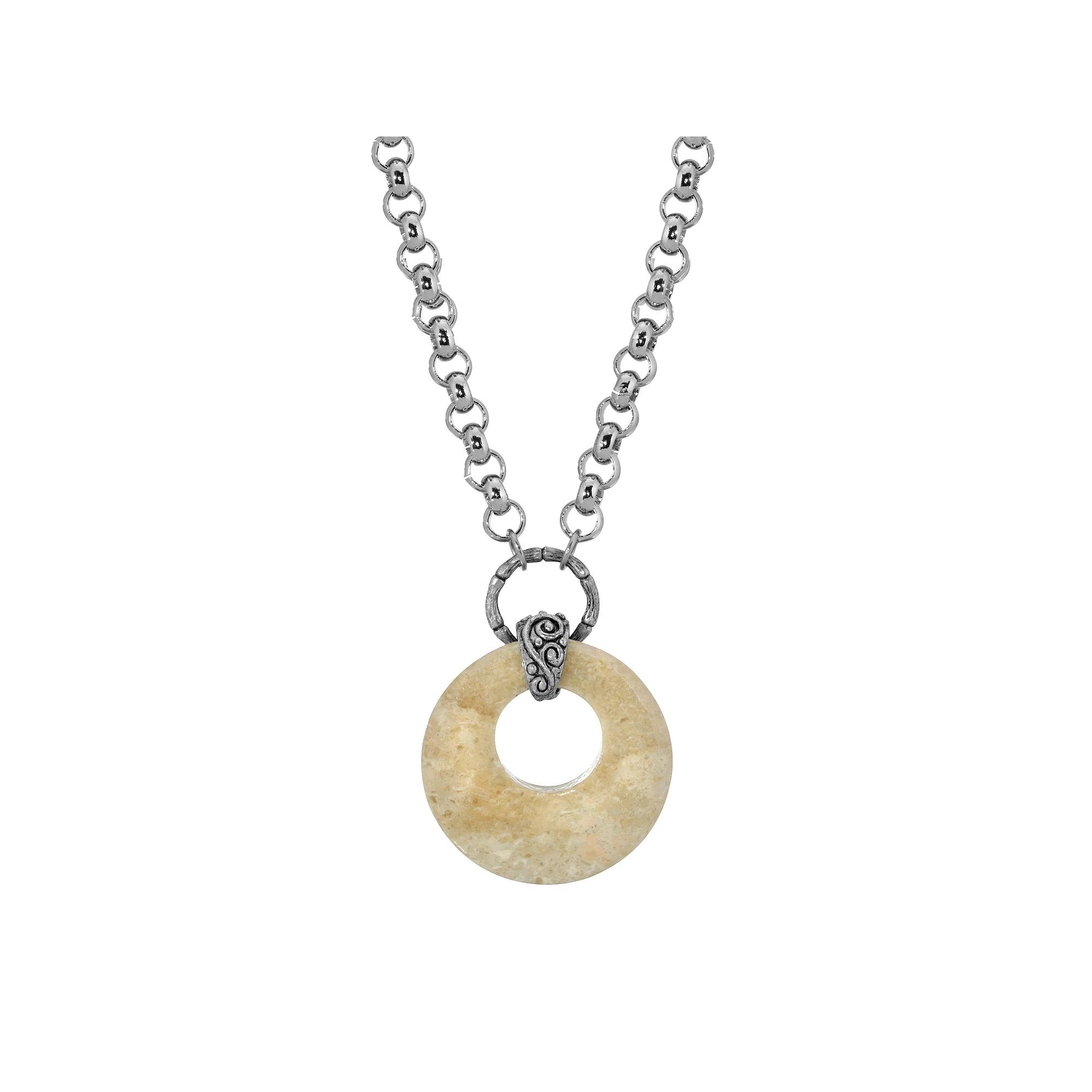 1928 Silver Tone Round Stone Pendant Necklace, Women's,  Product Image