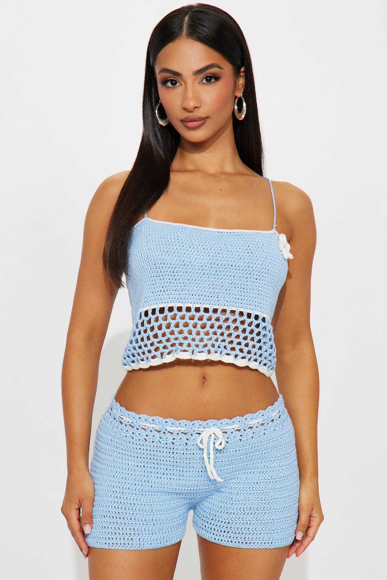 Shore Thing Crochet Short Set - Light Blue Product Image