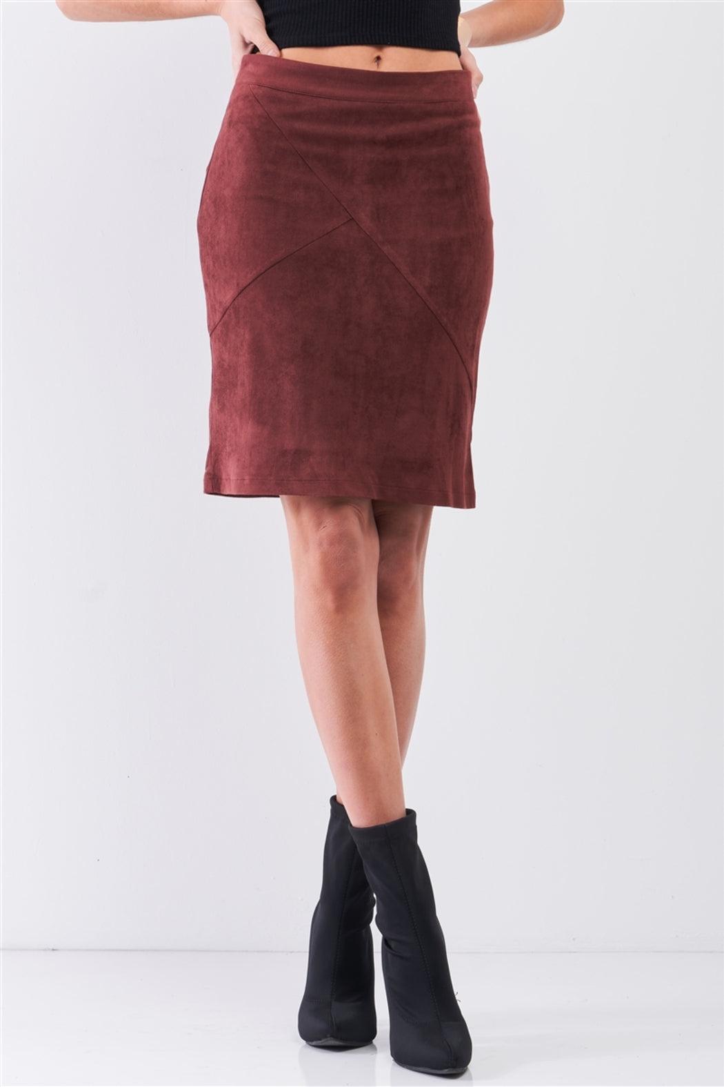 Redwood Faux Suede High-Waisted Asymmetrical Stitch Midi Skirt Product Image