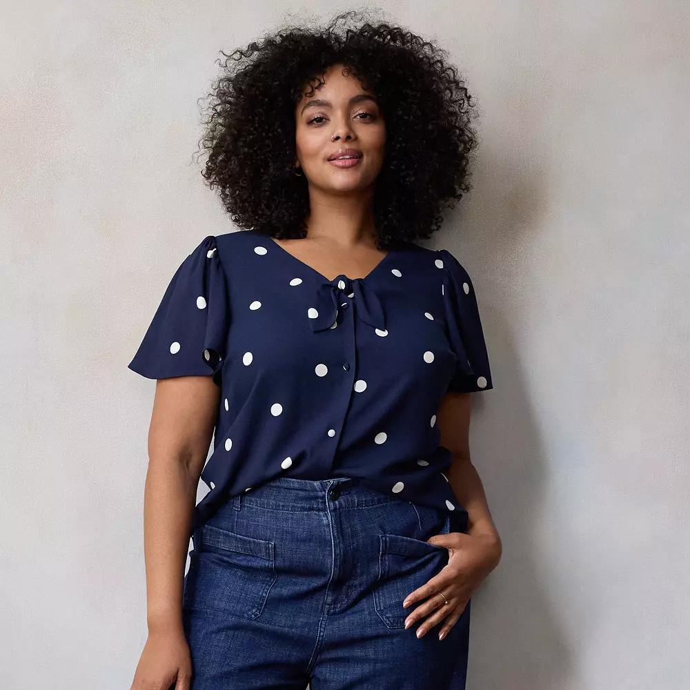 Plus Size LC Lauren Conrad Woven Tie-Front Flutter Sleeve Top, Women's, Size: 2XL, Blue Audrey Dot Product Image