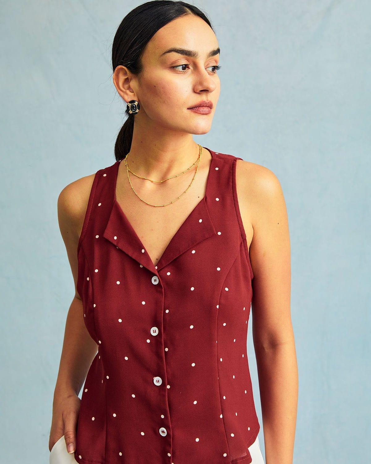 The Red V Neck Polka Dot Print Sleeveless Vest Product Image