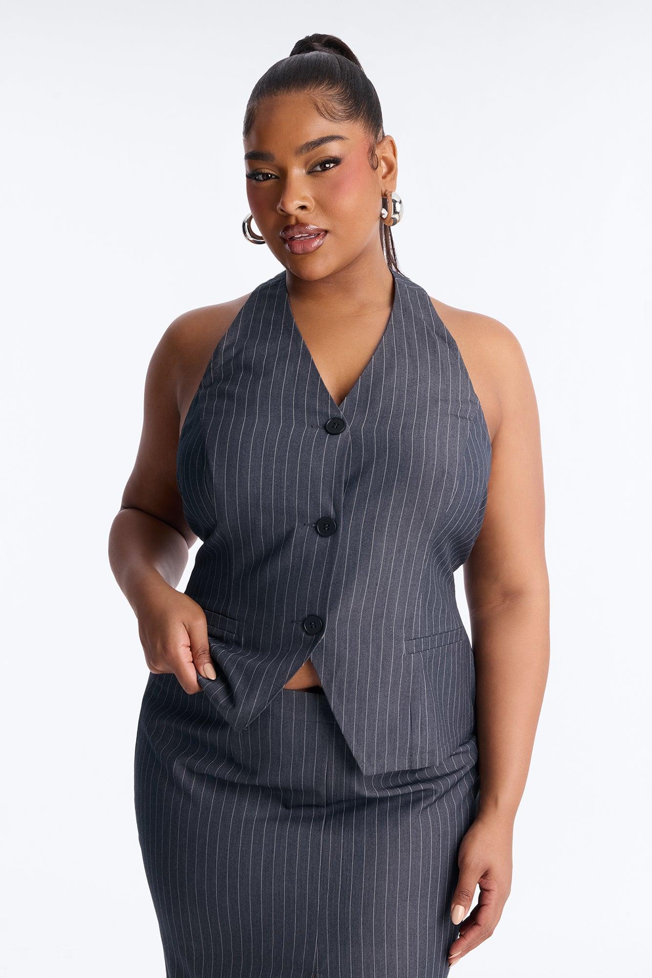 Dangerously Cute Pinstripe Halter Top - Charcoal/combo Female Product Image