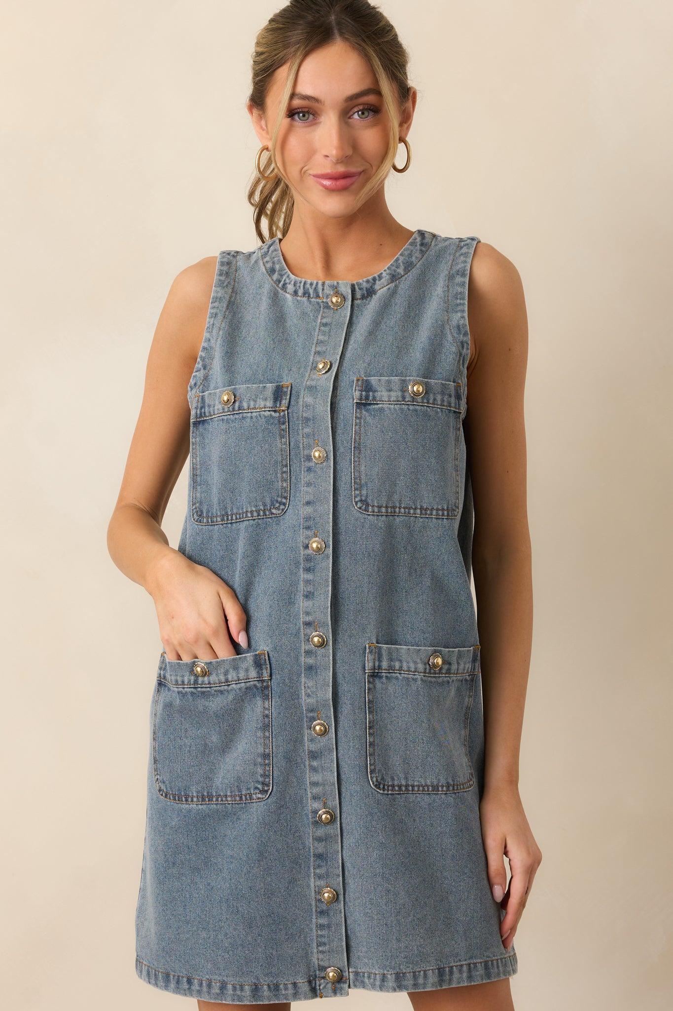 Urban Legend Medium Wash Button Front Denim Mini Dress Product Image