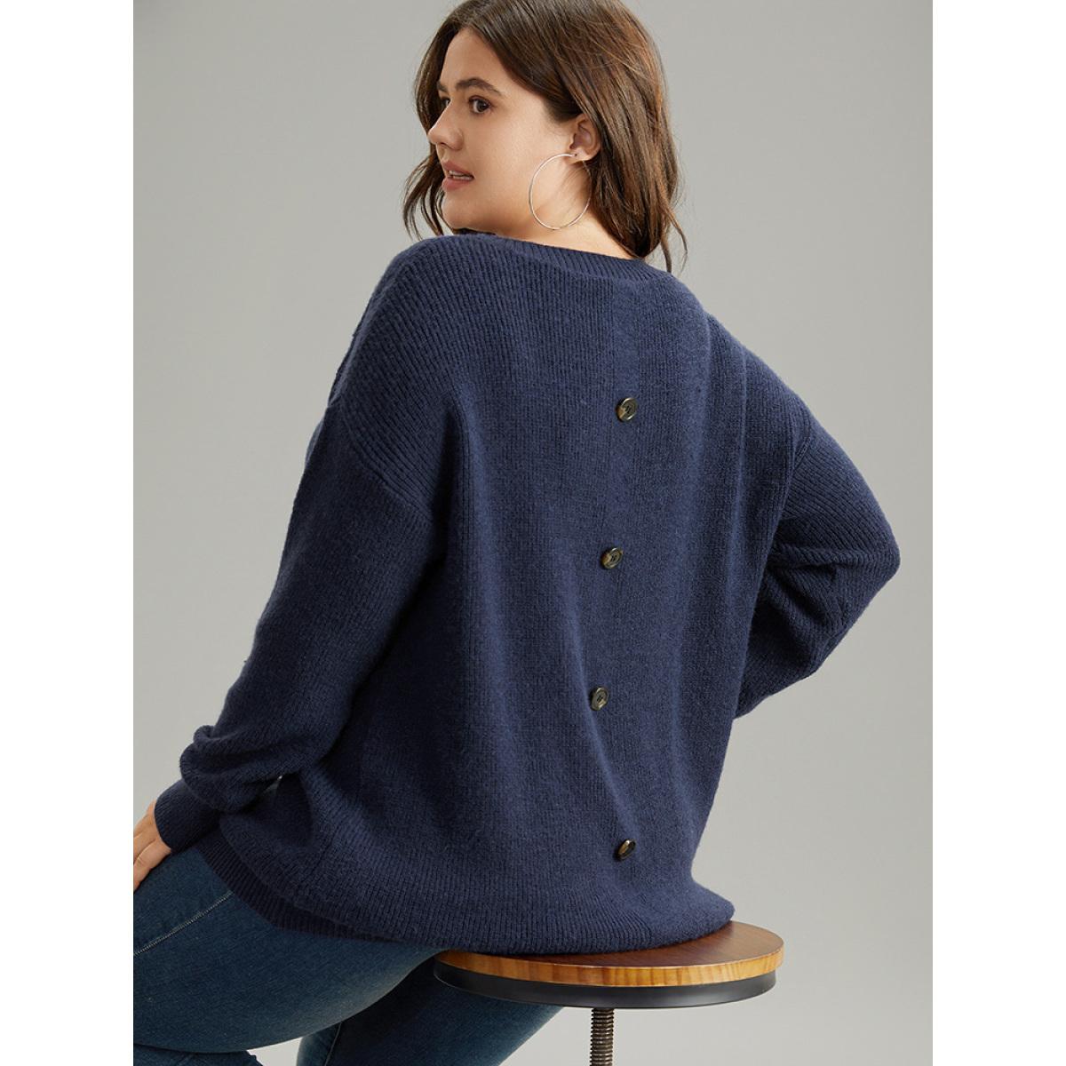 Plus Size Anti-Pilling Solid Cable Knit Button Detail Pullover Indigo Women Casual Loose Long Sleeve V-neck Dailywear Pullovers BloomChic 26/4X Product Image