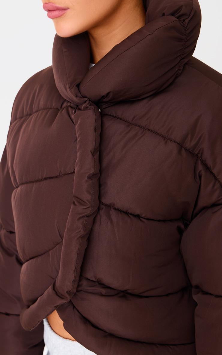 Chocolate Brown Quilted Asymmetric High Neck Puffer Jacket Product Image