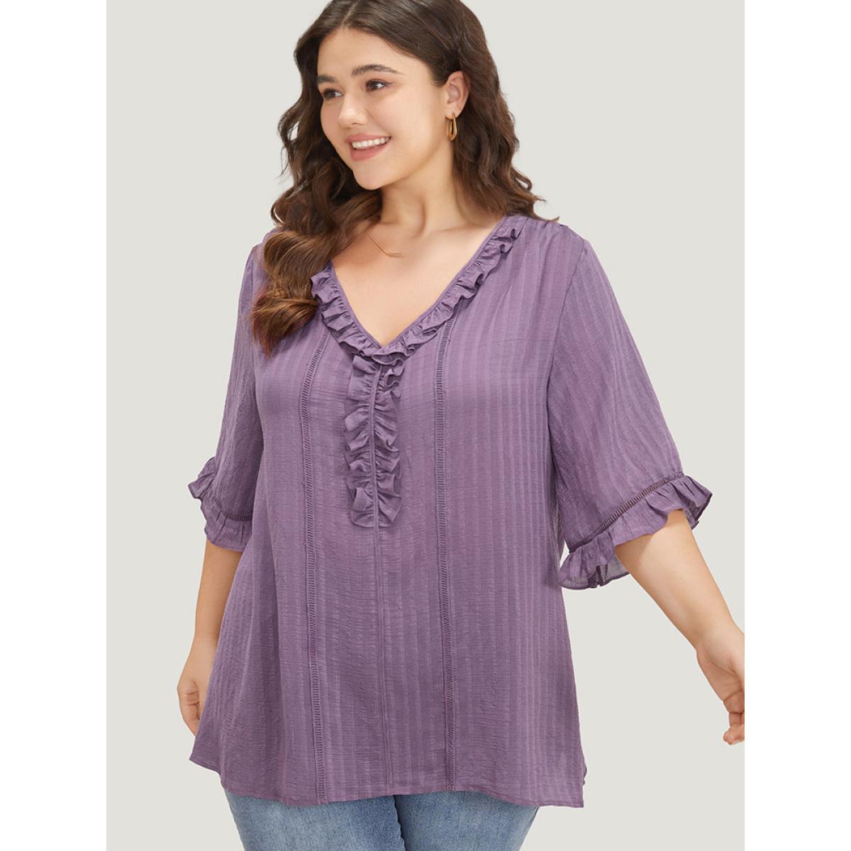 Plus Size Mauve Plain Ruffle Trim Cut Out Blouse Women Elegant Half Sleeve V-neck Dailywear Blouses BloomChic 10/M Product Image