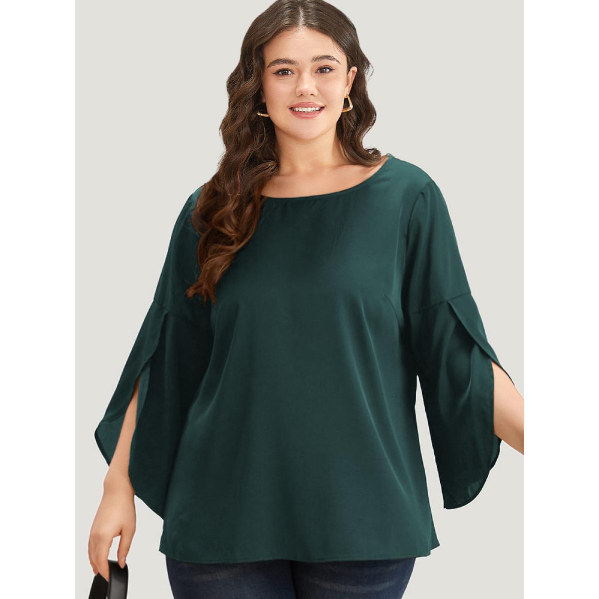 Plus Size Black Plain Wrap Flutter Sleeve Crew Neck Blouse Women Office Elbow-length sleeve Round Neck Work Blouses BloomChic 12/L Product Image