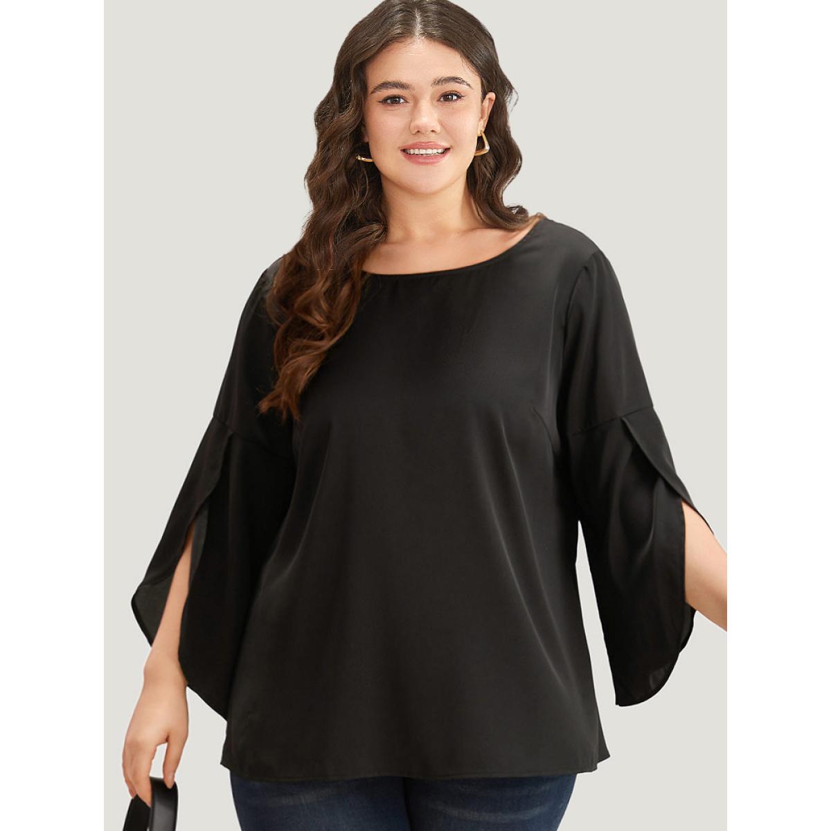 Plus Size Black Plain Wrap Flutter Sleeve Crew Neck Blouse Women Office Elbow-length sleeve Round Neck Work Blouses BloomChic 12/L Product Image