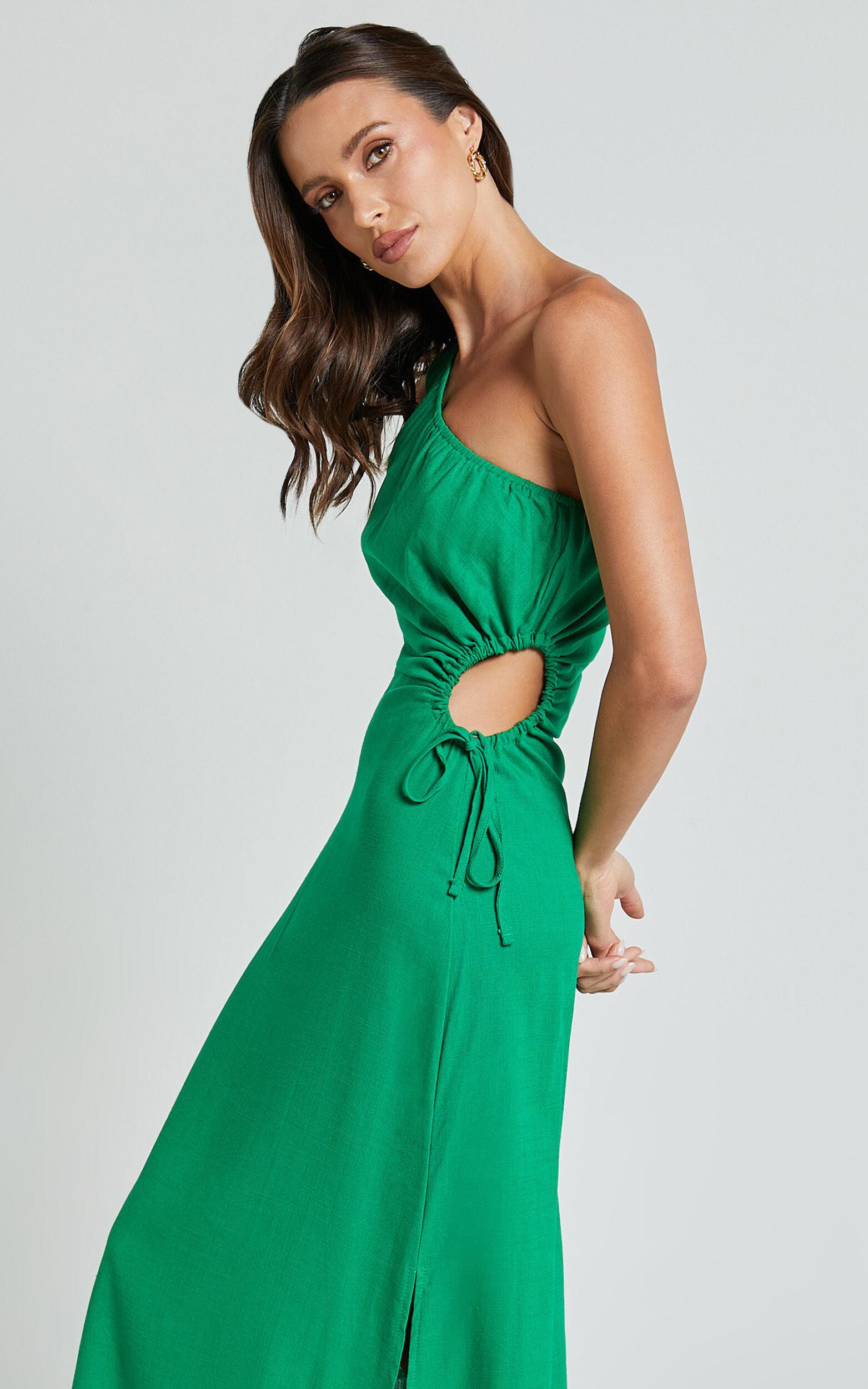 Kari Midi Linen Blend Dress - One Shoulder Slip Dress in Green Product Image