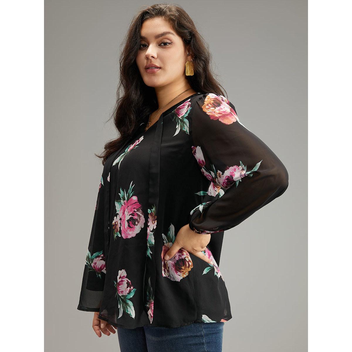 Plus Size Black Floral Knot Neck Mesh Patchwork Blouse Women Glamour Long Sleeve Tie Neck Going out Blouses BloomChic 28/5X Product Image