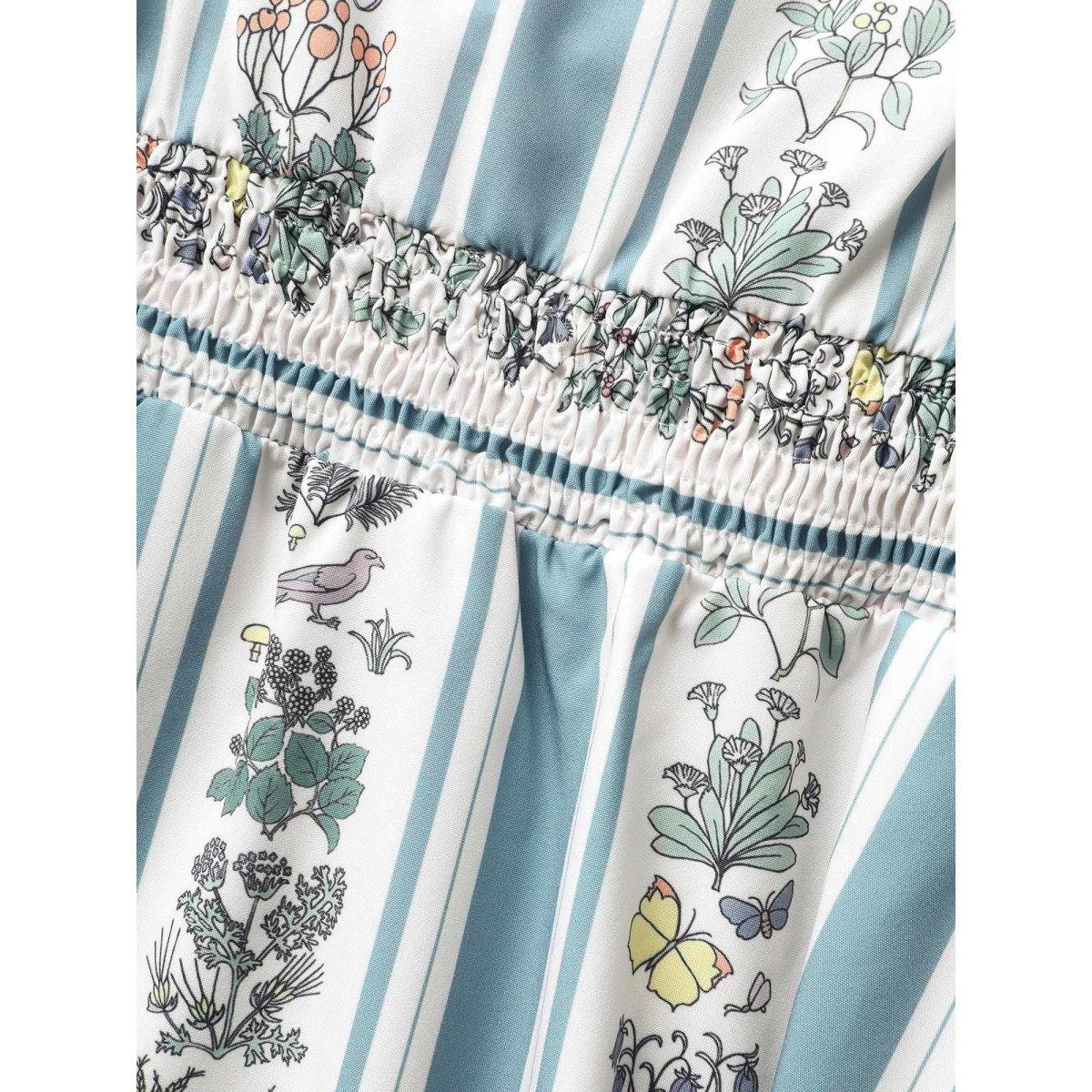 Plus Size Floral Patchwork Striped Shirred Puff Sleeve Dress LightBlue Women Elegant Gathered Heart neckline Short sleeve Curvy BloomChic 26/4X Product Image