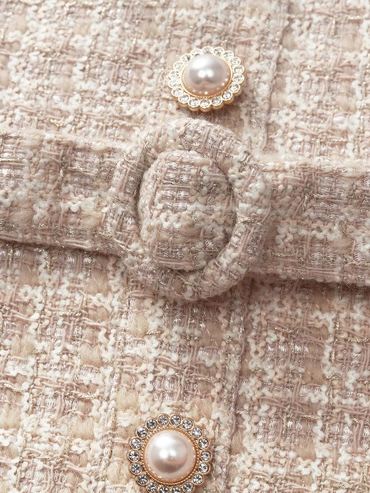 Wool Blend Tweed Patchwork Lapel Women Midi Dress With Belt Product Image