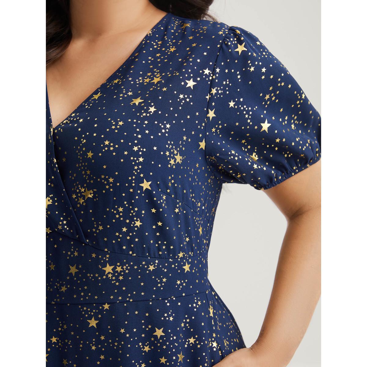 Plus Size Starry Sequins Ruffled Hem Midi Dress Navy Women Party&Cocktail V-neck Short sleeve Curvy BloomChic 30/6X Product Image