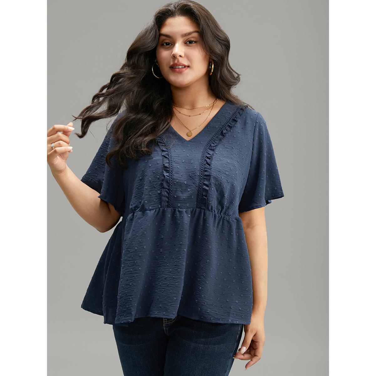 Plus Size Indigo Plain Texture V Neck Lace Patchwork Frill Trim Blouse Women Elegant Short sleeve V-neck Dailywear Blouses BloomChic 30/6X Product Image