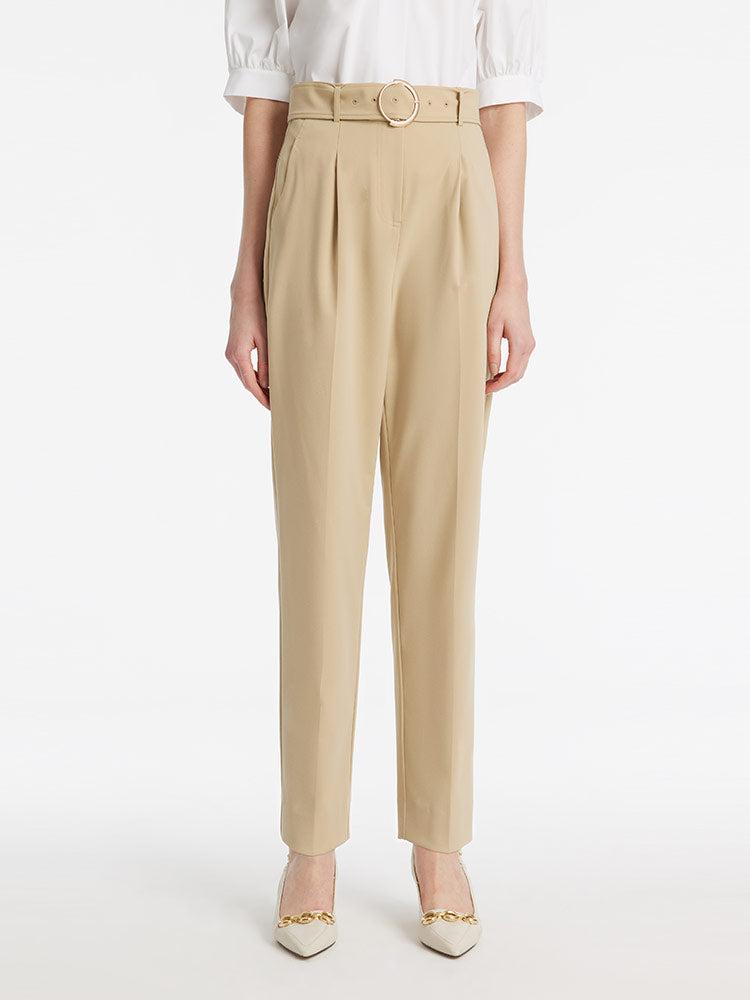 High-Waisted Ruched Tapered Women Pants With Belt Product Image
