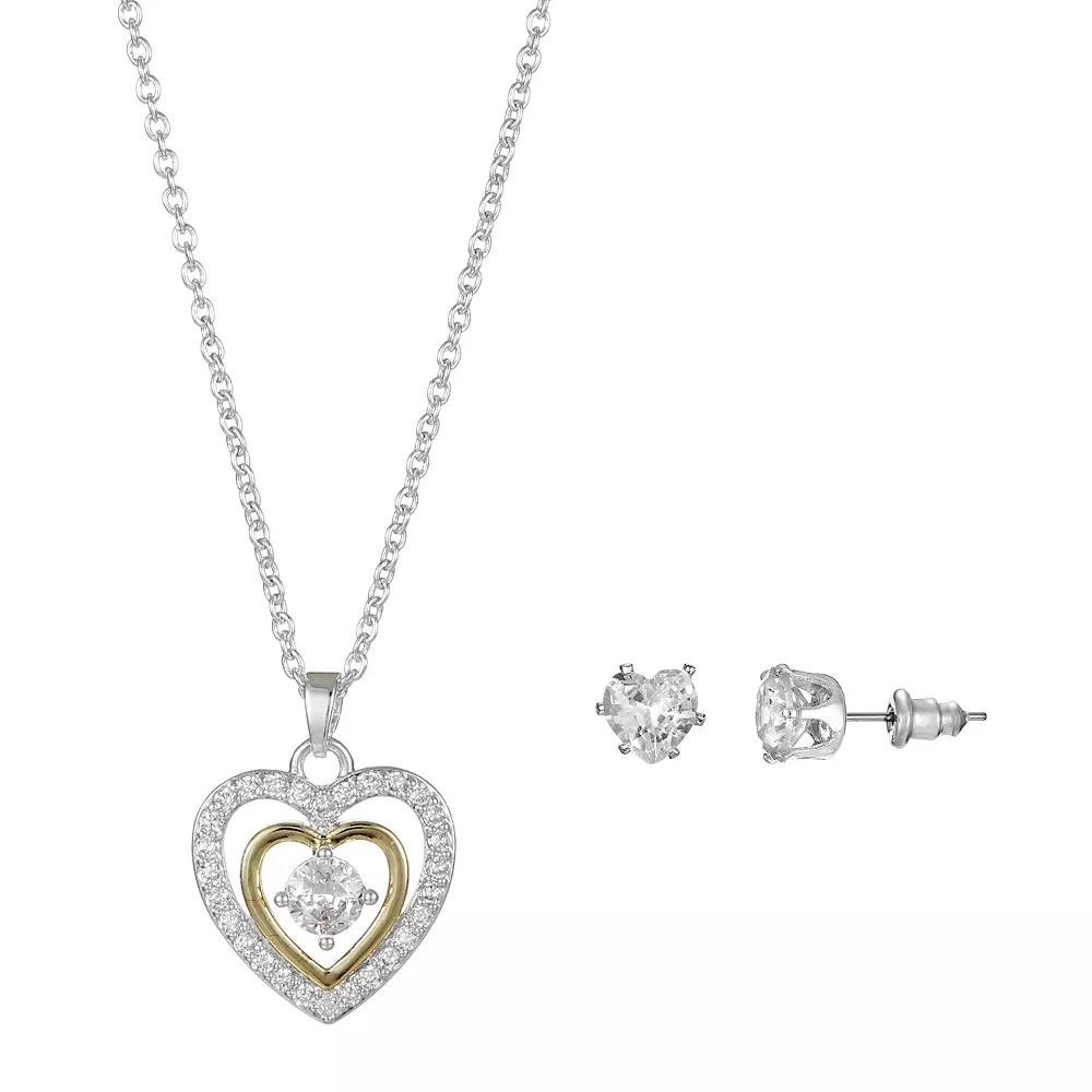 Two-Tone Cubic Zirconia Heart Pendant Necklace & Heart Stud Earrings Set, Women's, Two Tone Product Image