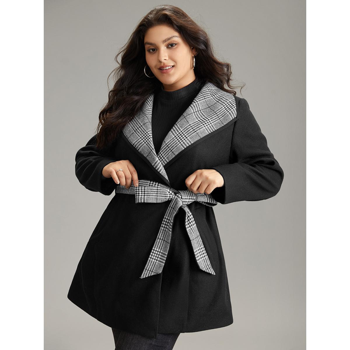 Plus Size Lapel Collar Patchwork Belted Contrast Coat Women Black Casual Lined Ladies Everyday Winter Coats BloomChic 28/5X Product Image