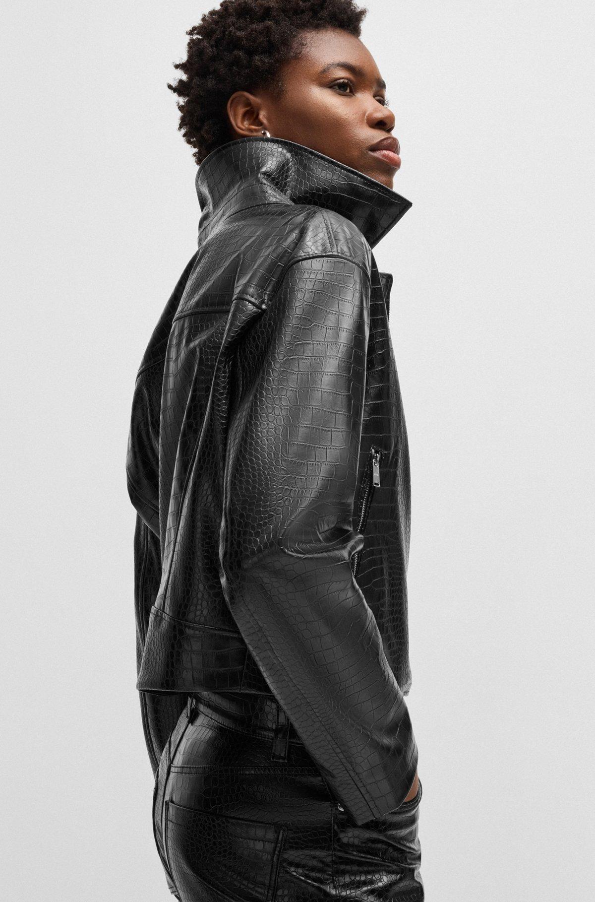 Crocodile-embossed biker jacket in faux leather Product Image