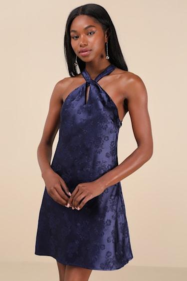 Got the Key Navy Satin Floral Jacquard Halter Mini Dress Product Image