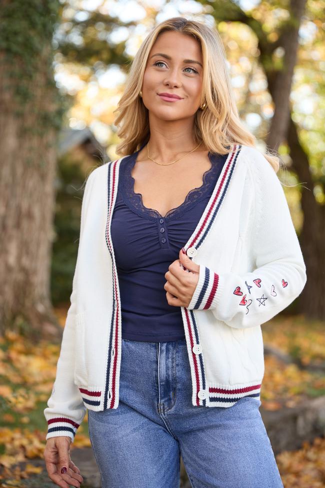 Brie Striped Trim Varsity Long Sleeve Cardigan FINAL SALE Product Image