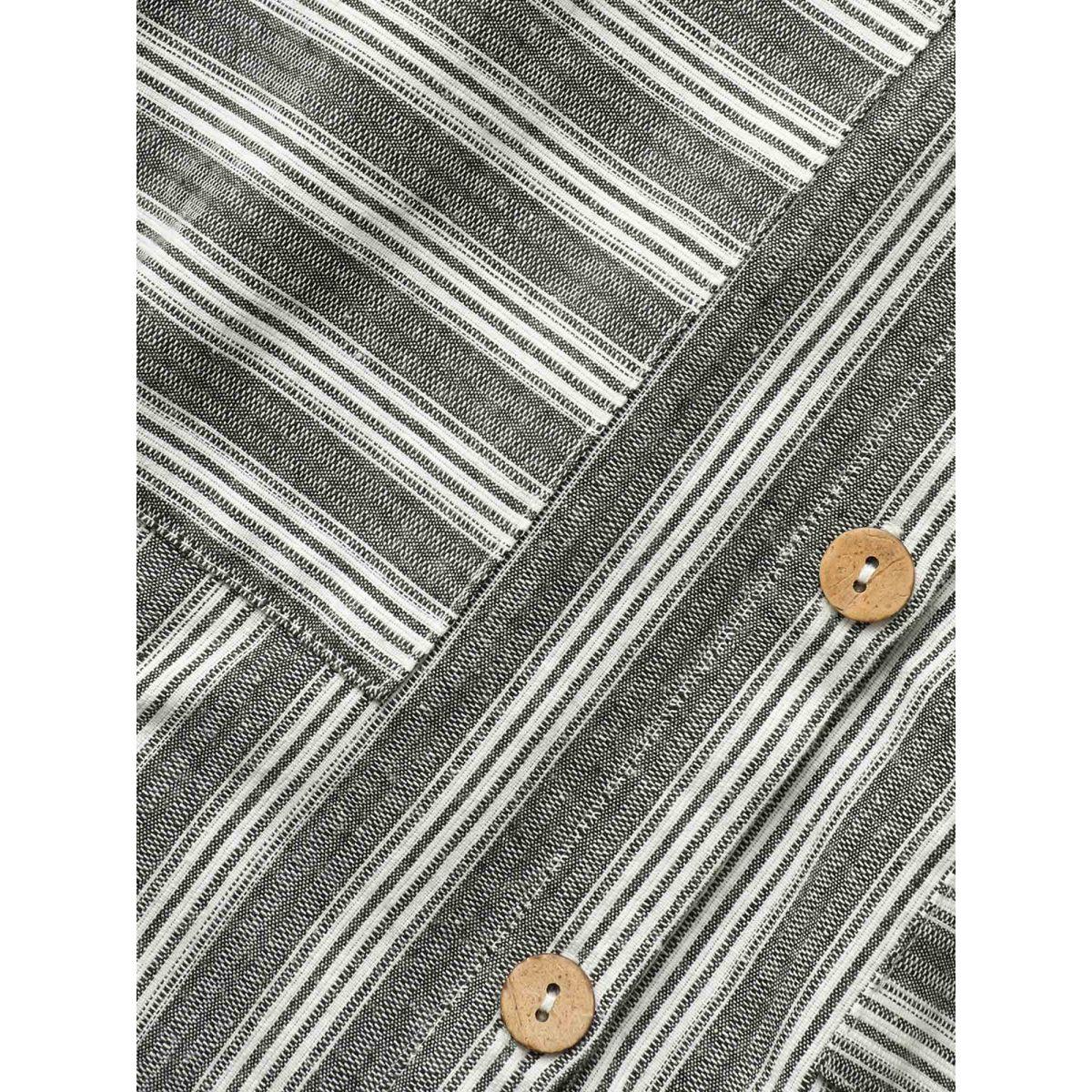 Plus Size Striped Button Up Patched Pocket Short Dress Mediumgray Women Work From Home Gathered Shirt collar Half Sleeve Curvy BloomChic 10/M Product Image