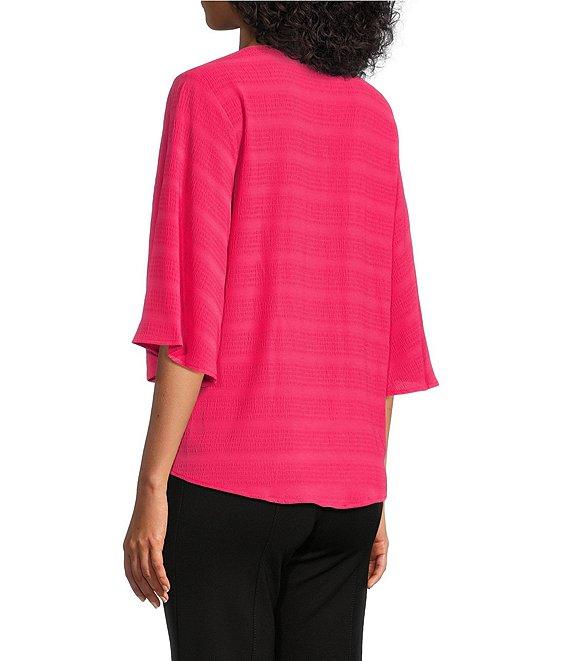 Slim Factor By Investments Dylan Puckered Stripe Tie Front V-Neck 3/4 Sleeve Top Product Image
