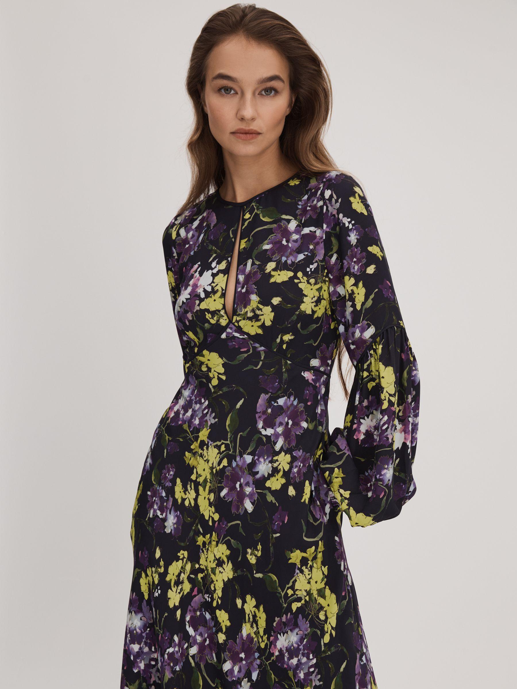 Florere Printed Blouson Sleeve Midi Dress in Dark Purple Product Image