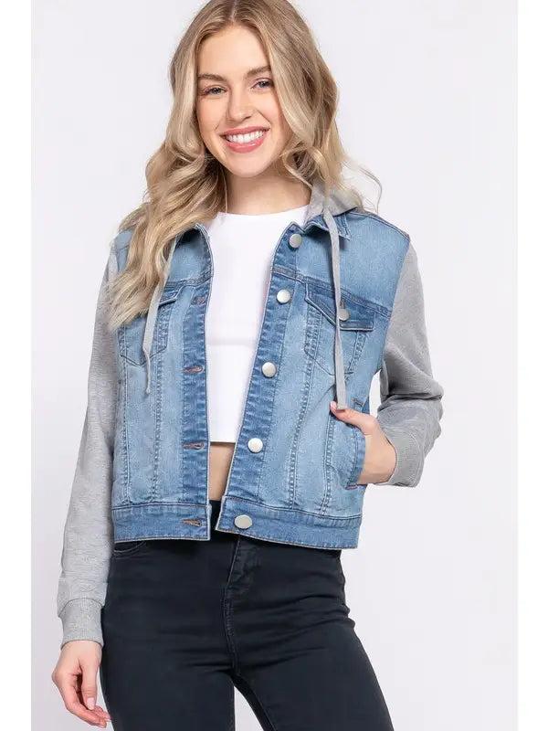 Long Sleeve Contrast Terry Sleeve with Hoodie Denim Jacket Product Image