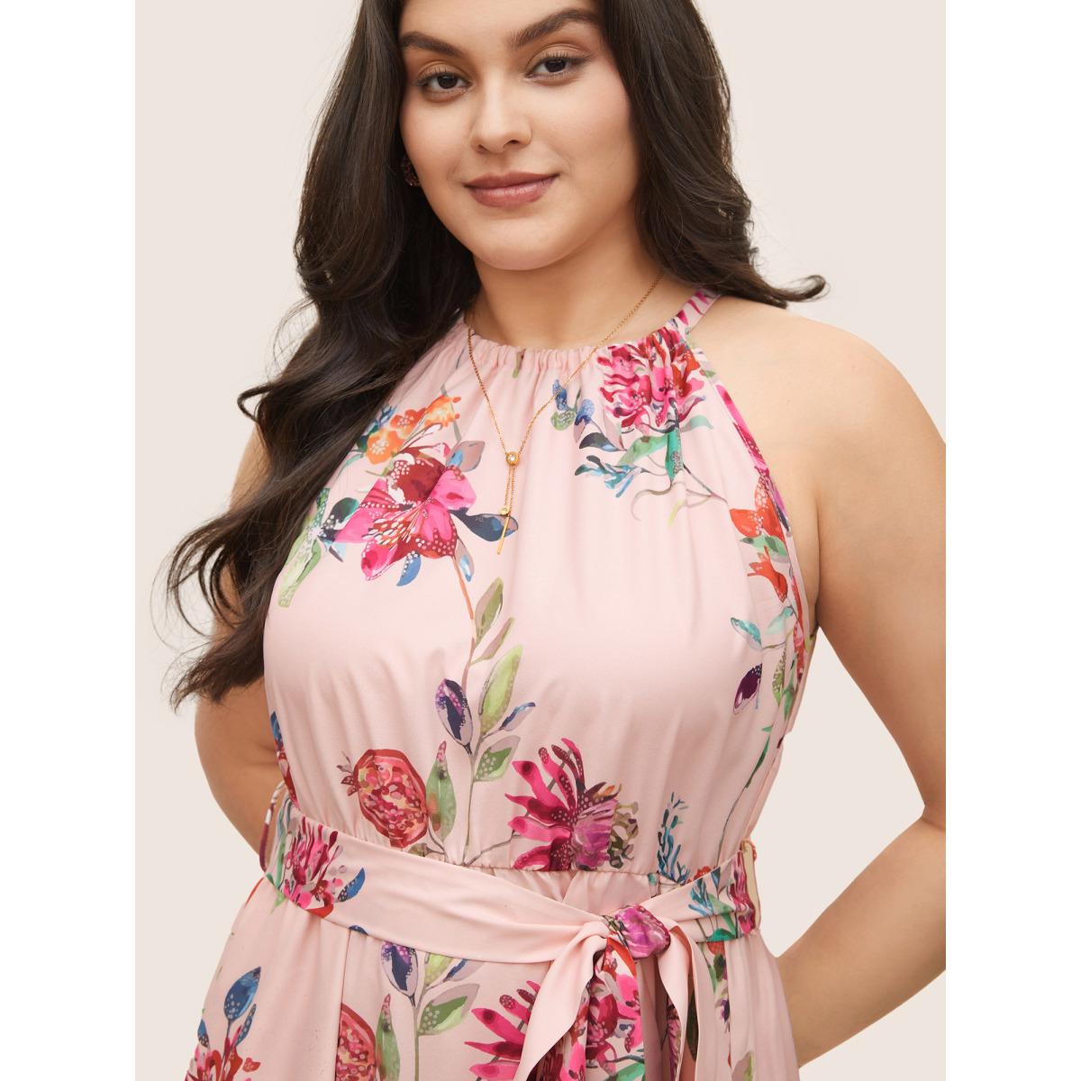 Plus Size Citrus Fruit Print Halter Belted Gathered Dress MistyRose Women Elegant Non Halter neck Sleeveless Curvy Midi Dress BloomChic 10/M Product Image