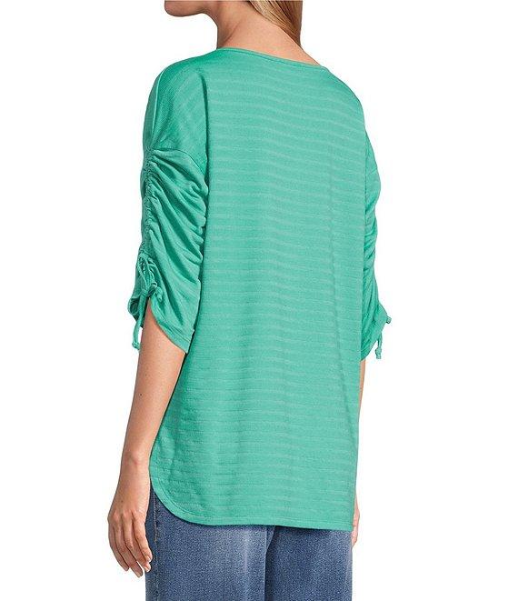 Westbound Petite Knit 3/4 Ruched Sleeve Crew Neck Top Product Image