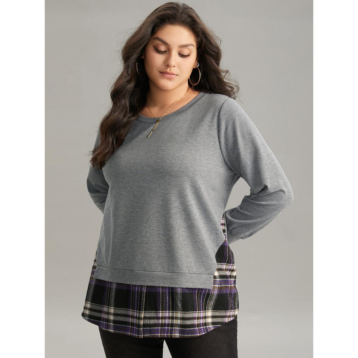 Plus Size Plaid Patchwork Contrast Crew Neck Sweatshirt Women Gray Casual Contrast Round Neck Dailywear Sweatshirts BloomChic 14-16/1X Product Image