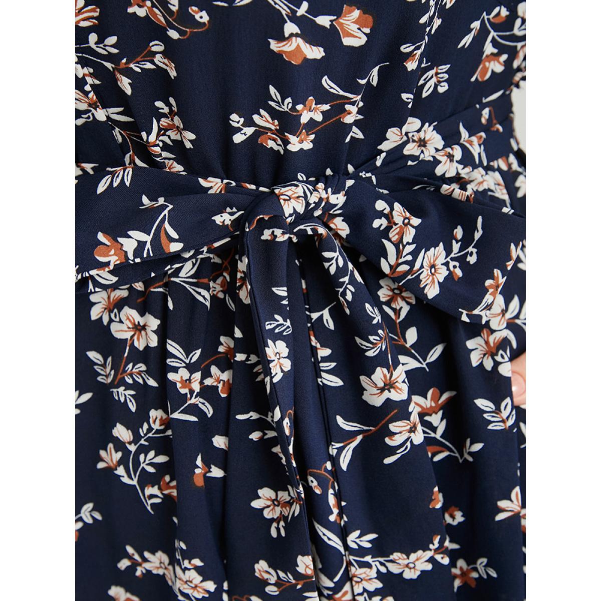 Plus Size Ditsy Floral Pocket Lantern Sleeve Belted Shirt Collar Dress Navy Women Elegant Button Shirt collar Long Sleeve Curvy Midi Dress BloomChic 26/4X Product Image