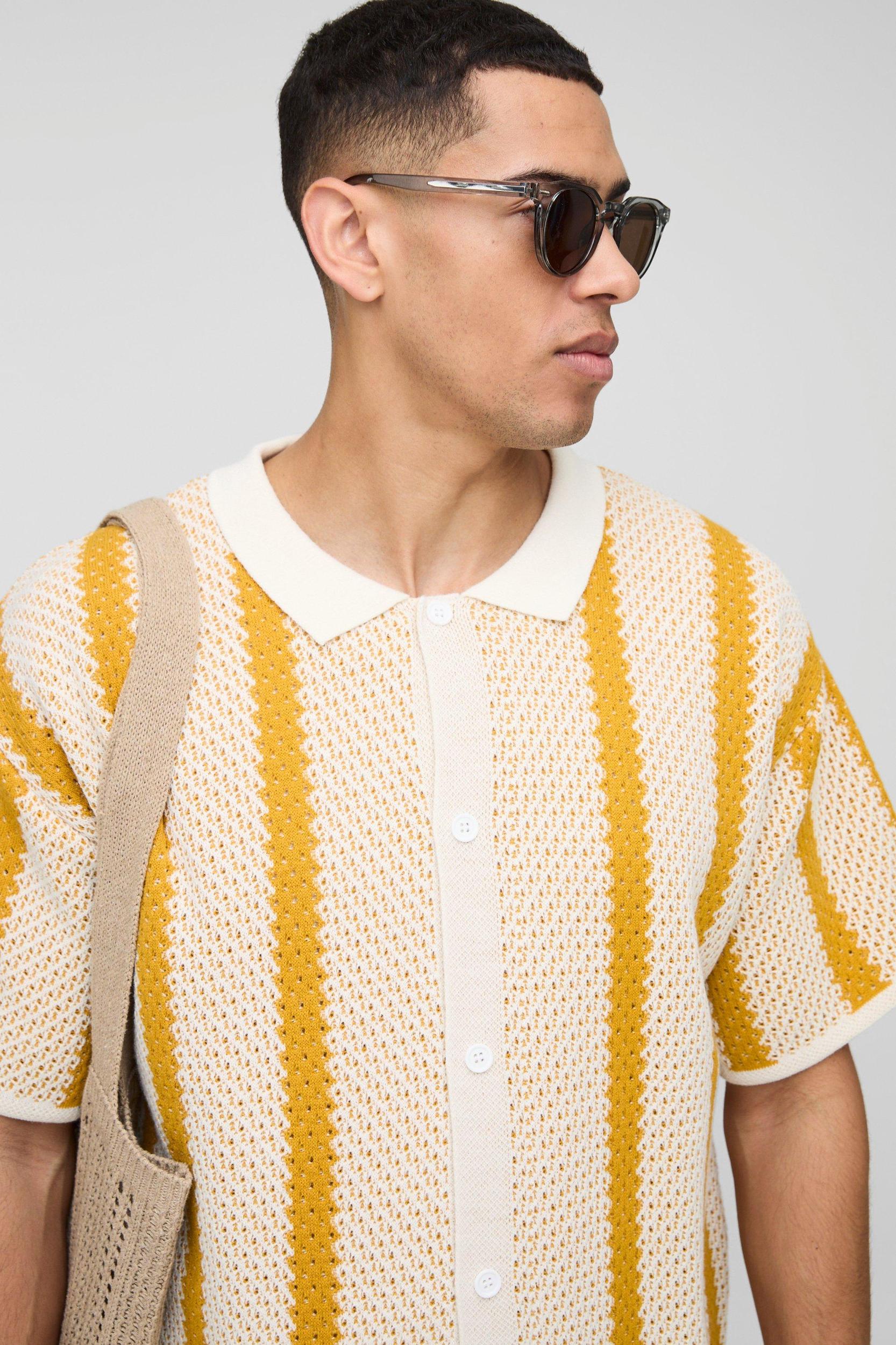Regular Fit Stripe Knitted Shirt | boohooMAN USA Product Image