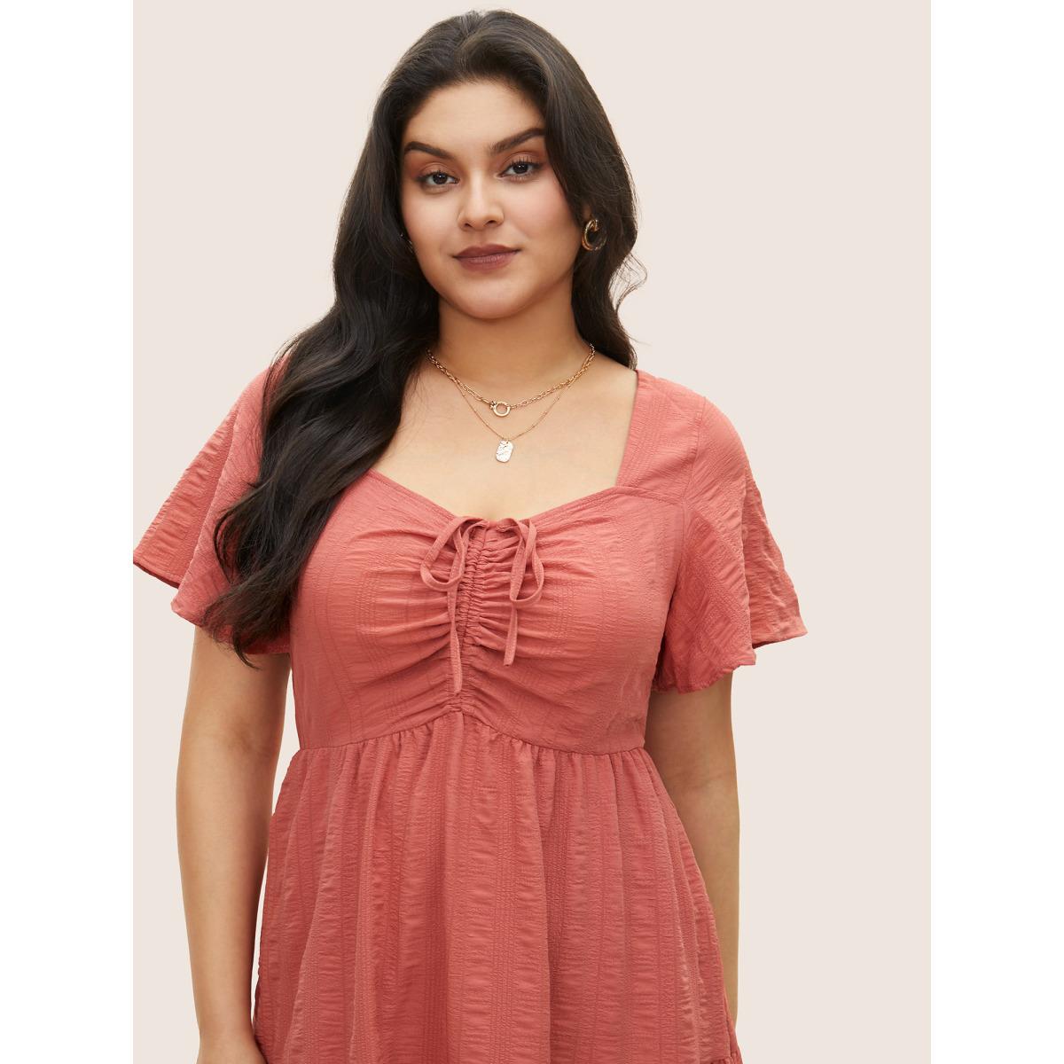 Plus Size Plain Ruched Drawstring Pocket Ruffle Tiered Dress DustyPink Women Elegant Non V-neck Short sleeve Curvy Midi Dress BloomChic 22-24/3X Product Image
