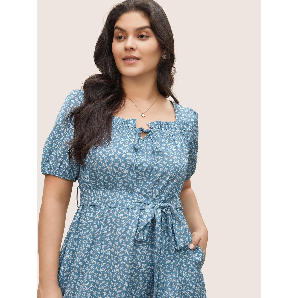 Plus Size Ditsy Floral Tie Neck Frill Trim Belted Dress Cerulean Women Elegant Non V-neck Short sleeve Curvy Midi Dress BloomChic 22-24/3X Product Image