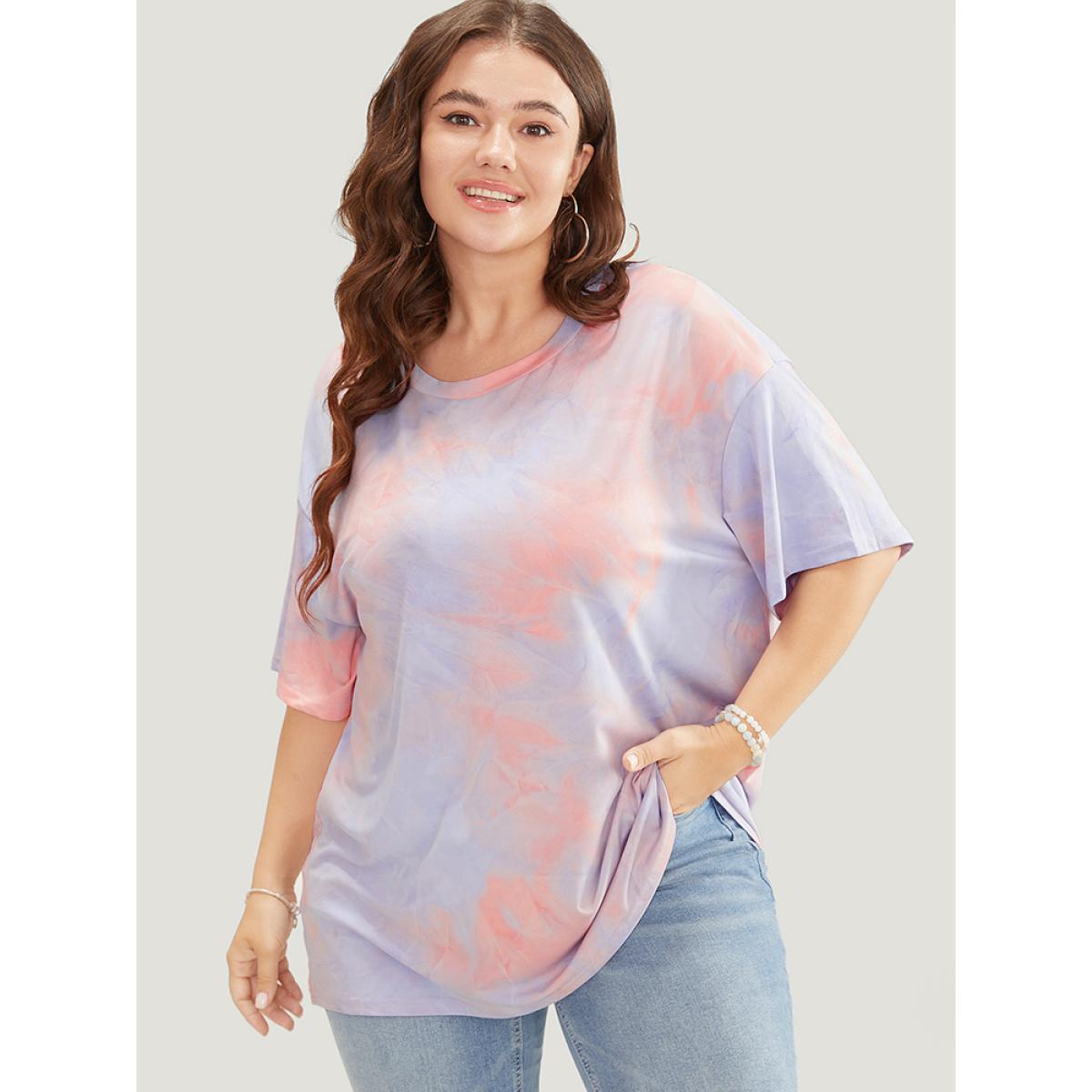 Plus Size Tie Dye Round Neck Half Sleeve T-shirt Pink Women Casual Tie Dye Tie Dye Round Neck Dailywear T-shirts BloomChic 26/4X Product Image