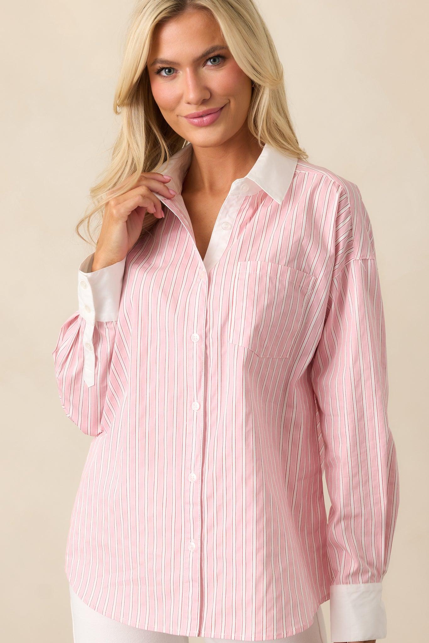 A Natural Leader Pink Stripe Cotton Oxford Button Up Top Product Image