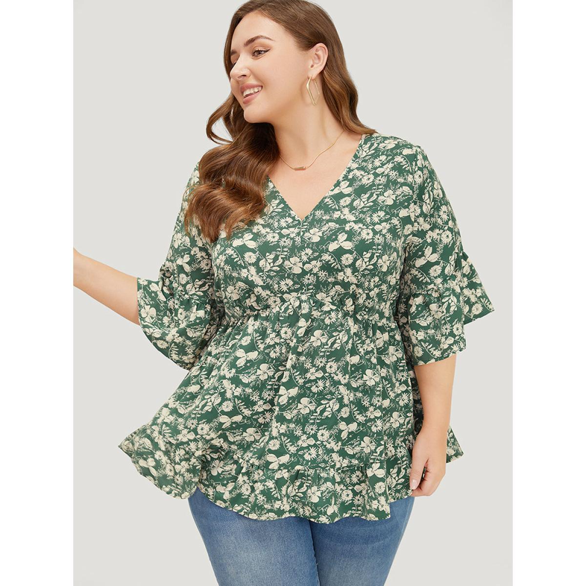 Plus Size Moss Ditsy Floral Bell Sleeve Flutter Hem Blouse Women Elegant Short sleeve V-neck Dailywear Blouses BloomChic 10/M Product Image