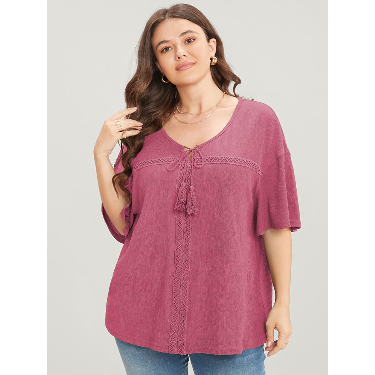 Plus Size RedViolet Solid Tassels Flounce Sleeve Lace Tie Neck Blouse Women Casual Short sleeve V-neck Dailywear Blouses BloomChic 10/M Product Image