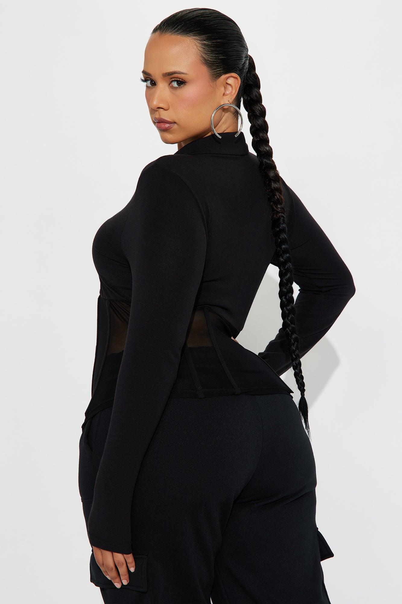 Nessie Long Sleeve Collared Corset Top - Black Female Product Image