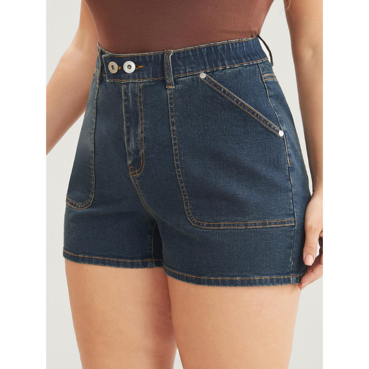 Plus Size Very Stretchy Dark Wash Pocket Denim Shorts Women Indigo Casual Plain High stretch Pocket Jeans BloomChic 22/3X Product Image