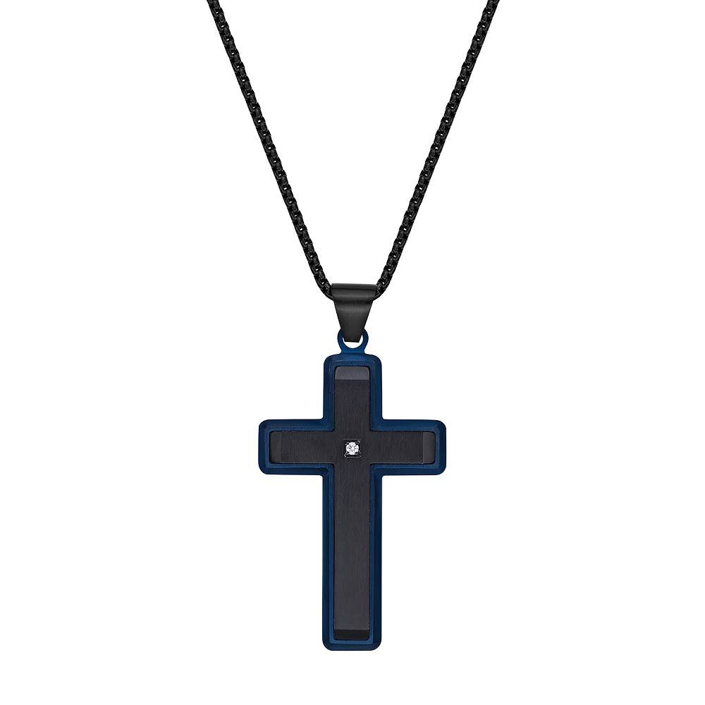 Men's LYNX Blue & Black Ion-Plated Stainless Steel Diamond Accent Cross Pendant Necklace, Size: 24" Product Image