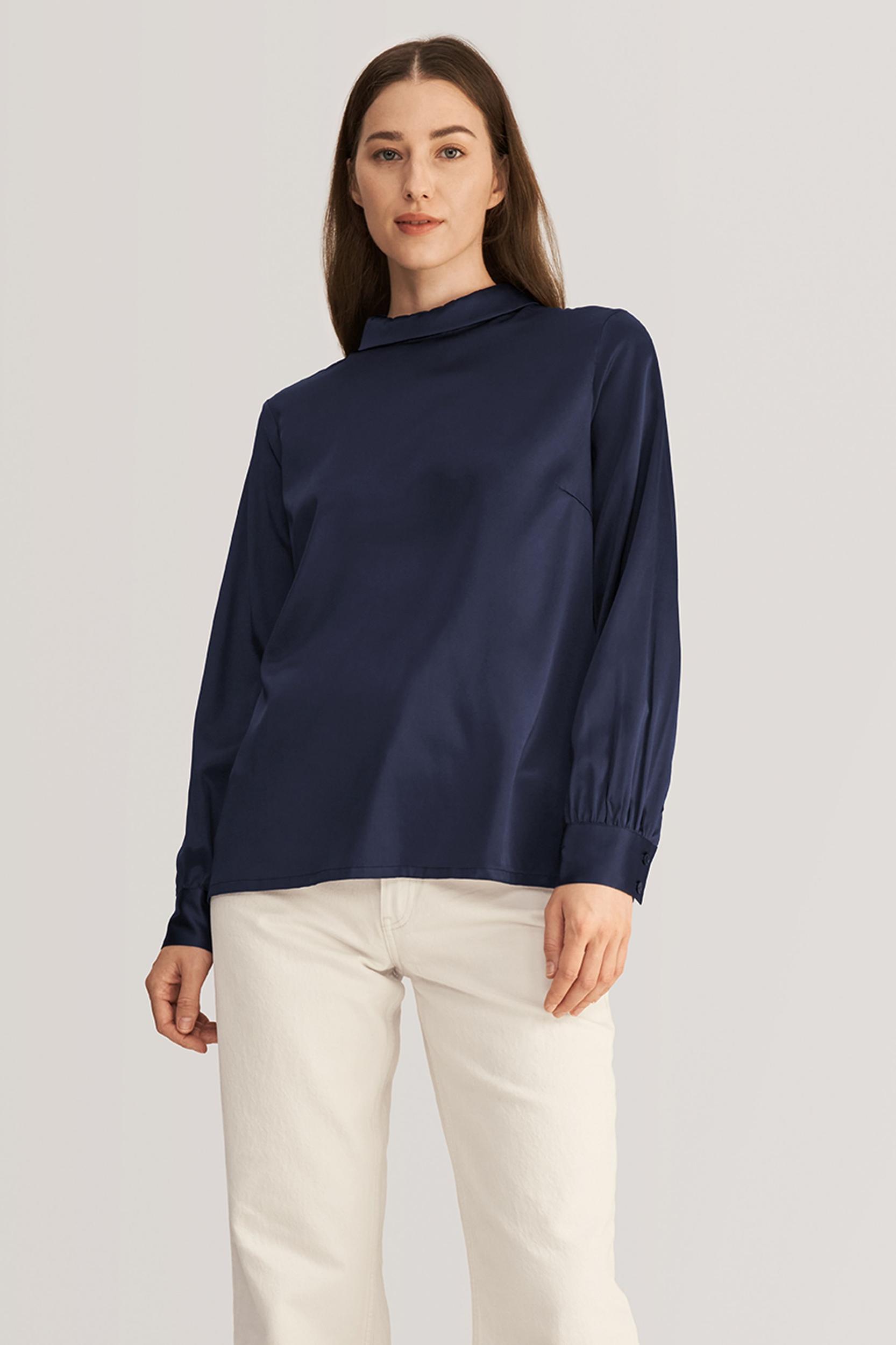 LILYSILK Business Blue Elegant Silk Blouse | Long Sleeves Style | Women Silk Navy Stand Collar Skin-Friendly and Breathable XS Product Image